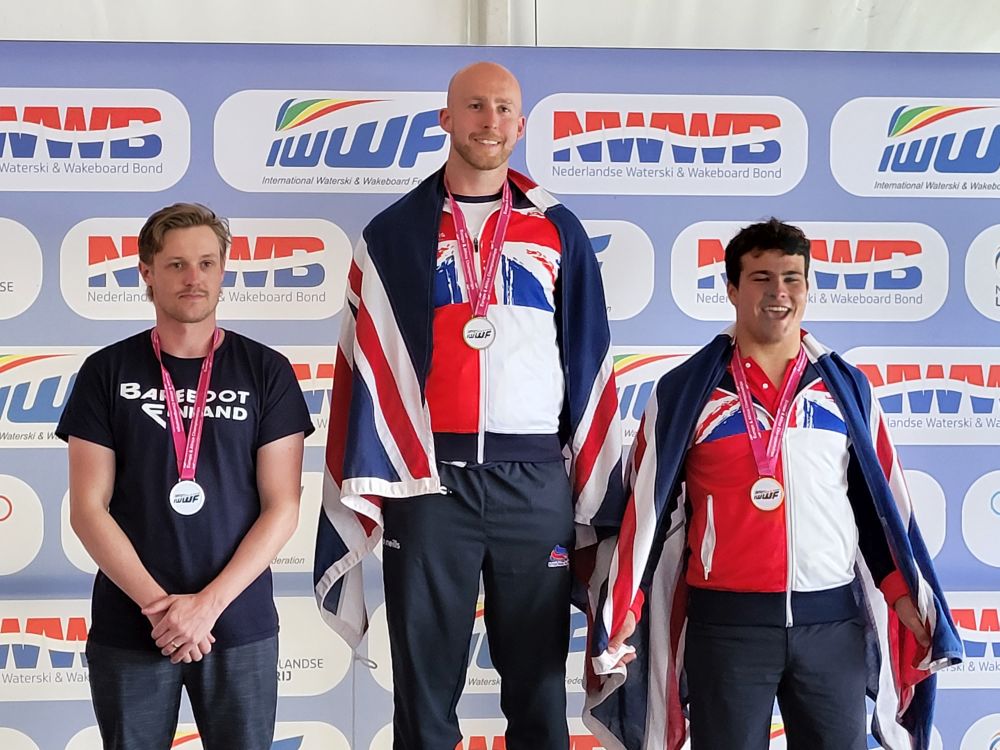 Open Men slalom podium at the 2024 European Barefoot Championships