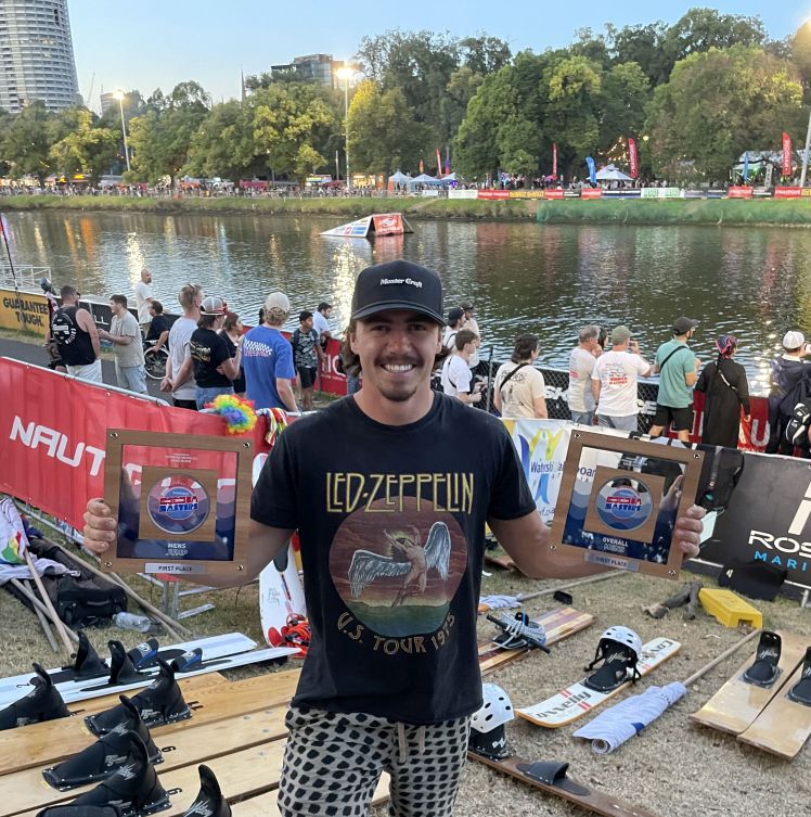 Joel Poland with his 2025 Moomba Masters trophies for Jump & Overall. Photo Nicky Caine